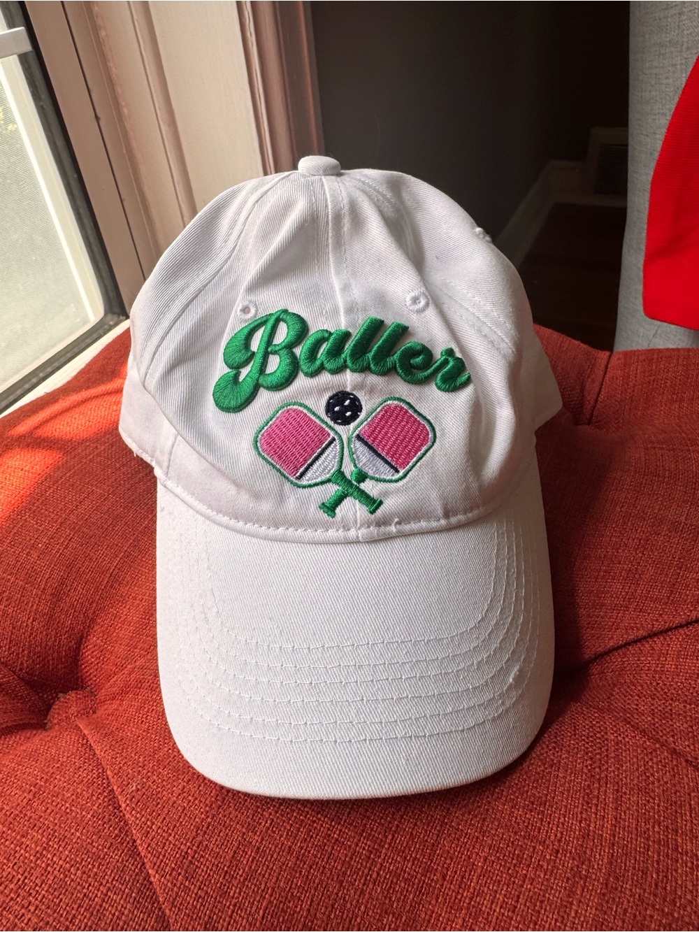 J. Crew White 'Baller' Embroidered Baseball Cap with Pink & Green Accents